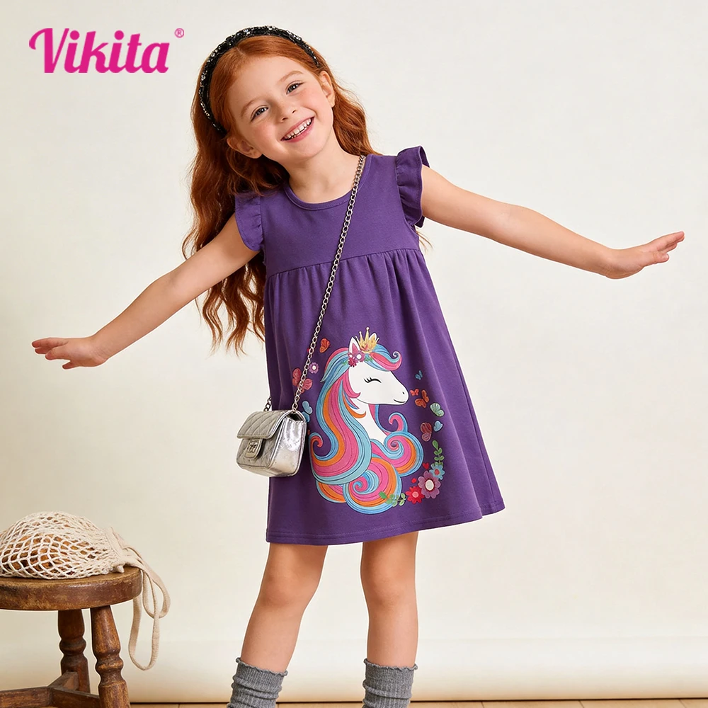 Mädchenkleid mit lila Einhorn-Print und Rüschenärmeln, Kinderkleid aus Baumwolle, lässig, für den Alltag, Schule, bequem, gerades Sommerkleid-Outfit
