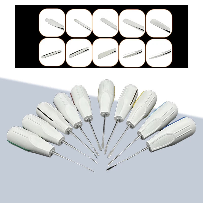 

10 шт./компл., комплект подъемников для удаления зубов, подъемник для изогнутых корней для минимально инвазивной хирургии, противоскользящая конструкция ручки