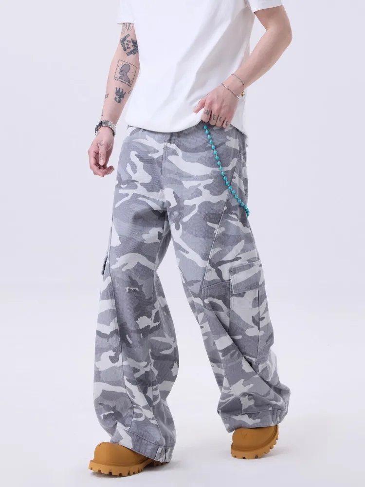 American Style Retro Camouflage Color Mens Jeans Pockets Loose Fit Daily Casual Denim Trousers Full Length Mid Waist Cargo Pants
