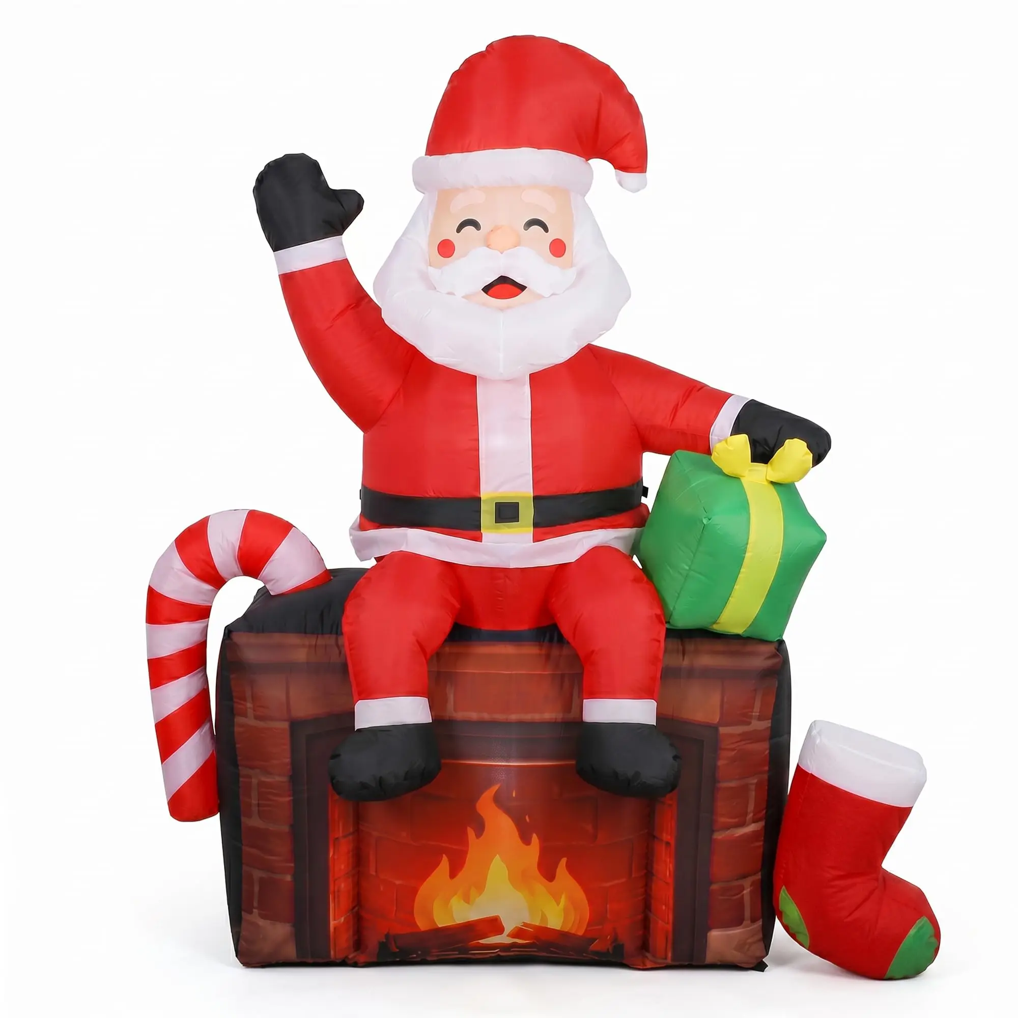 Babbo Natale gonfiabile da 1,8 metri, seduto sul camino e che saluta con la mano – decorazione luminosa per esterni, ideale per il giardino – dotato di ventola integrata.