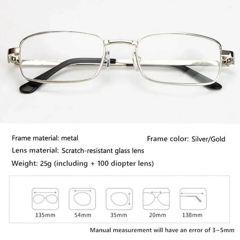 Anti-Scratch Reading Glasses Retro Square Presbyopic Eyewear With Glass Lenses Metal Hyperopia Eye Wear Men's Glasses +1.0+4