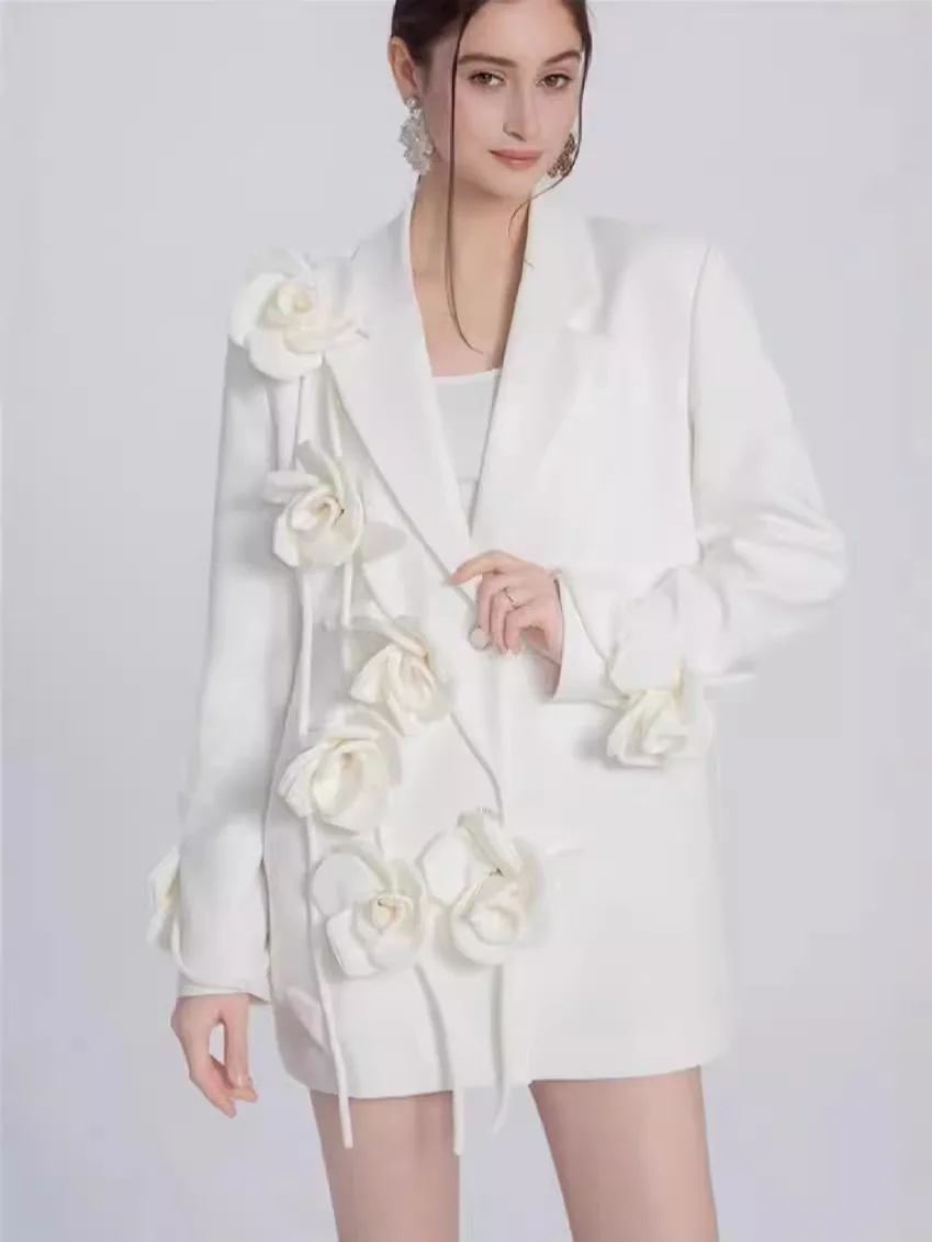 Blazer de lapela feminino de peito único, jaqueta feminina 3D com design de flores, casaco branco elegante, outono, inverno, F817, 2024