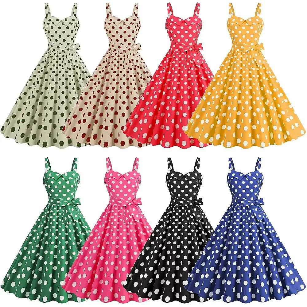 Spaghetti Strap Polka Dot Print Retro Swing Dress, Women's Vintage Evening Dress, Party Jumpsuit Playsuit Overall