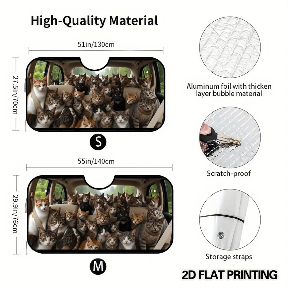 2D Flat Printing, 1pc Vibrant Car Full Of Cats Print Car Windshield Sunshade, Great For Scenic Road Trips, Campsites, And Resort