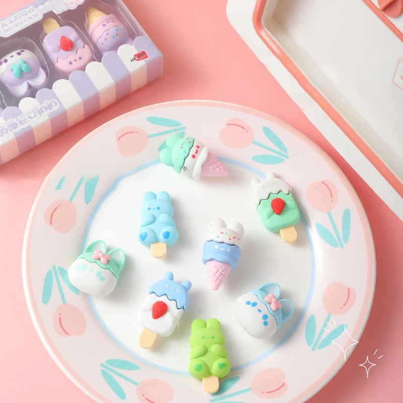 4Pcs Cute Cartoon Dessert Bunny Eraser Creative Rubber Eraser Kawaii Ice Cream Pencil Erasers Student Stationery Office Supplies