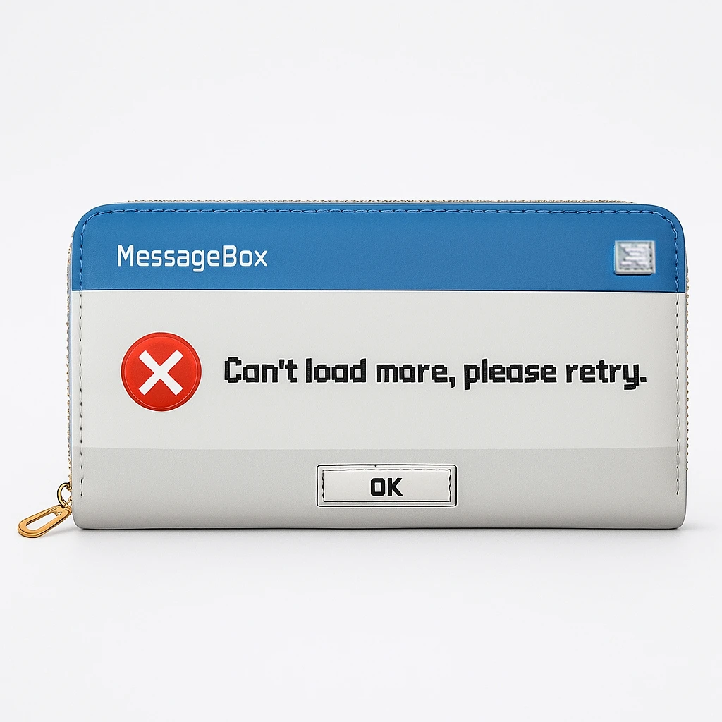 Windows Messag Box "لا يمكن تحميل المزيد، يرجى إعادة الترحيب." - محفظة طويلة بسحاب مضحك