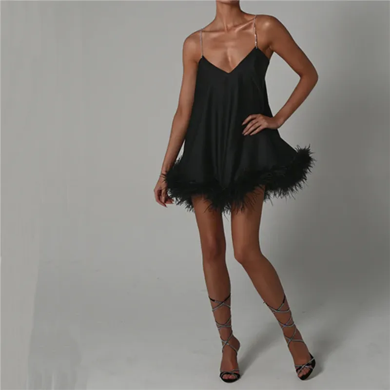 Women Spaghetti Strap Mini Dress with Diamond Straps Fur Trim Bodycon Short Dress Sexy Feather Slip Cocktail Club Party Dress