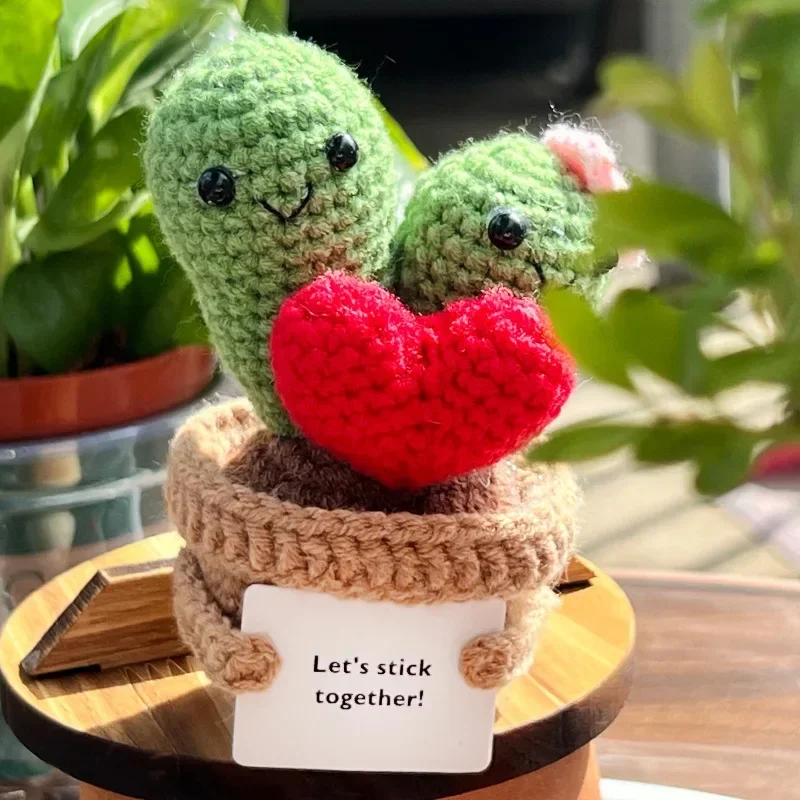 1pc Mini Handmade Emotional Cactus Rose Potted Plants Cute Crochet Flowers Finished Bouquets Home Desktop Decoration Lovers Gift