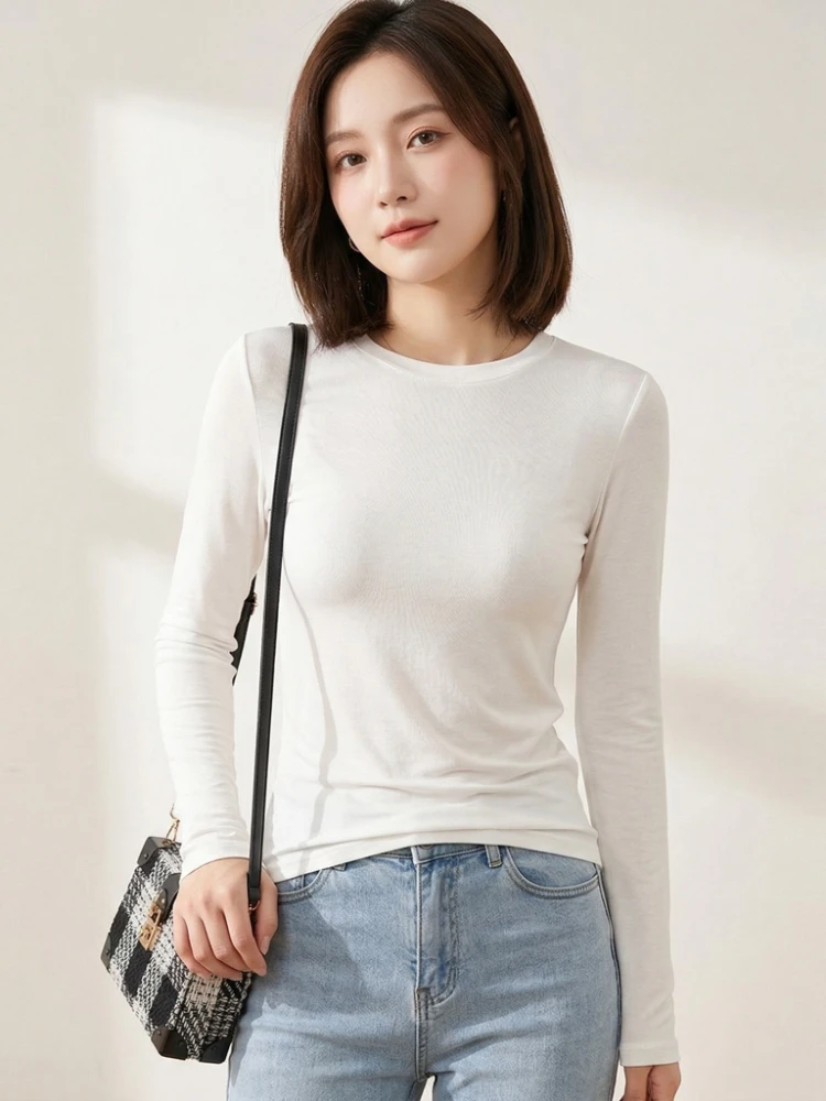 Hochwertige Elastische Basic Einfarbige Langarm-T-Shirts Schlichte Baumwoll-Damen-T-Shirts Lässige Oberteile Koreanischer Stil Dünnes O-Ausschnitt T-Shirt – Detail 4