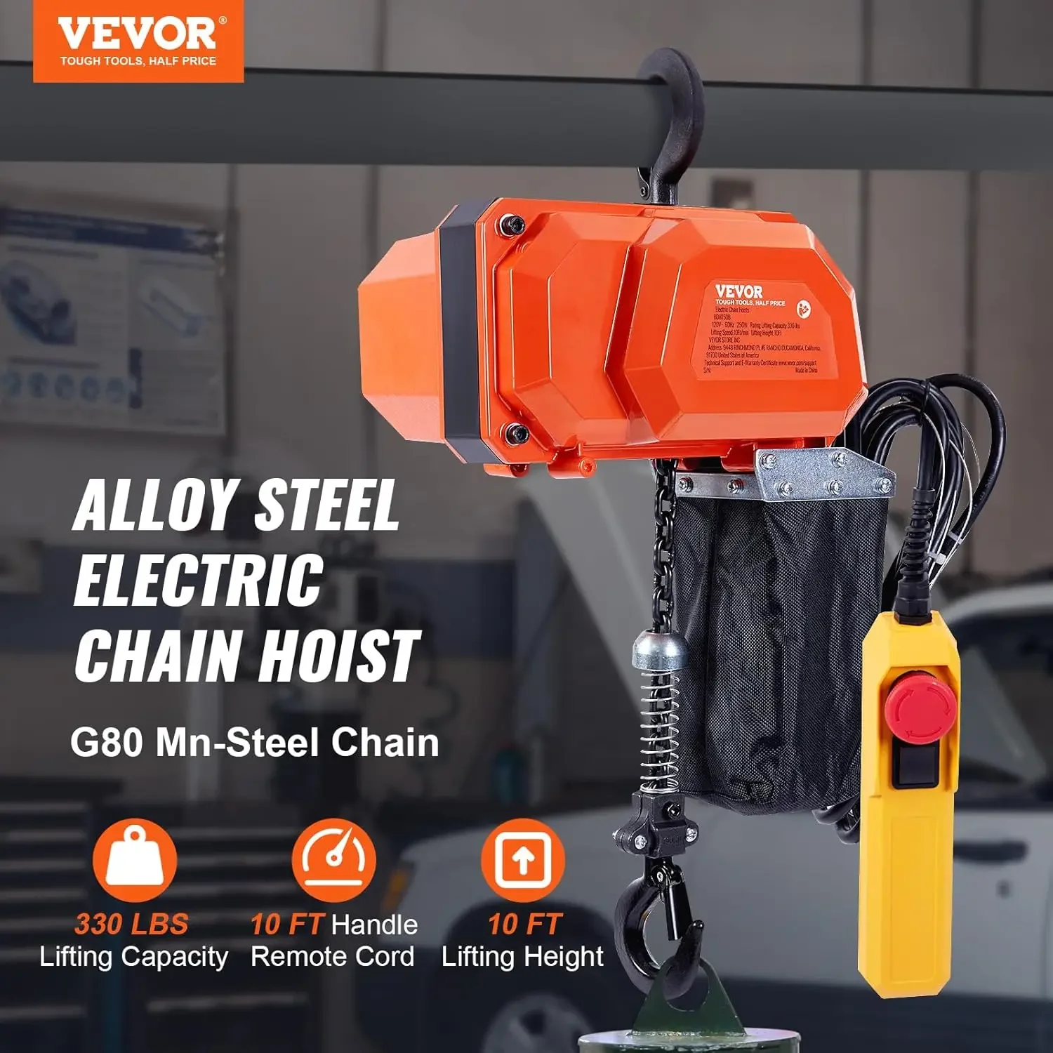 Electric Chain Hoist,330 lbs Load Capacity,10 ft Lifting Height, 10 ft/min Speed,120V,Single Phase Overhead Crane with G80 Chain