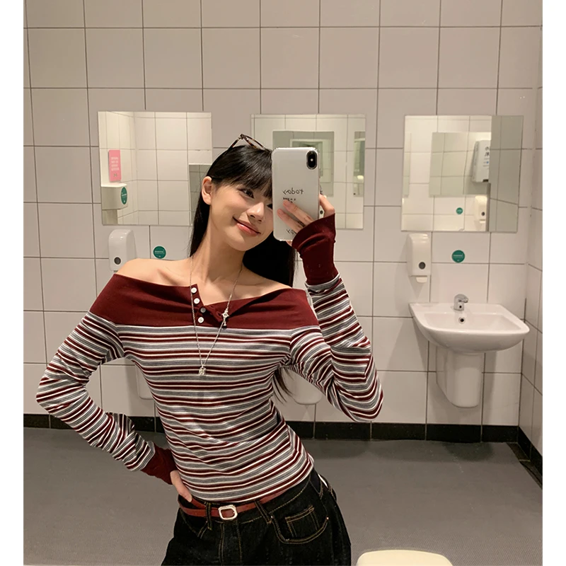 

Y2K футболка с разрезом на шее, женские укороченные топы в полоску в стиле Харадзюку, осенняя уличная одежда Gyaru, сексуальные футболки с открытыми плечами и длинными рукавами, новые