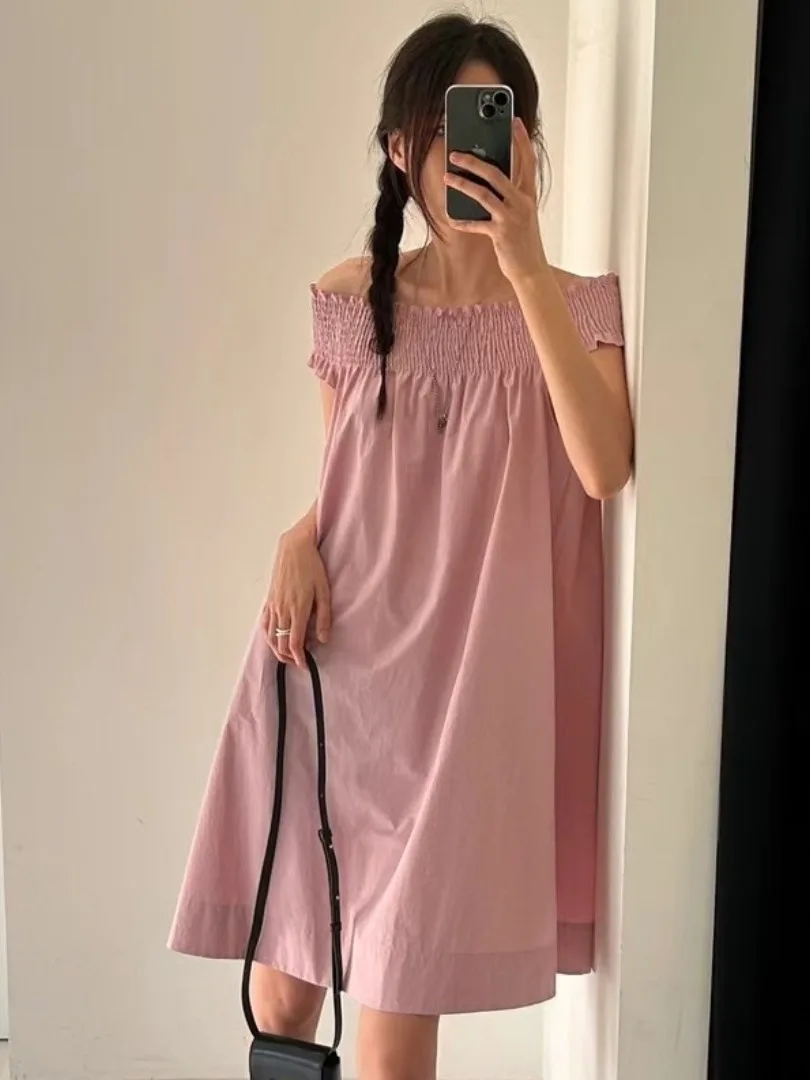 

Summer New Women's Gauze One-oulder Casual Straight ort Dr Sweet Sle Princ Sve Pure Color Loose Fit Dr