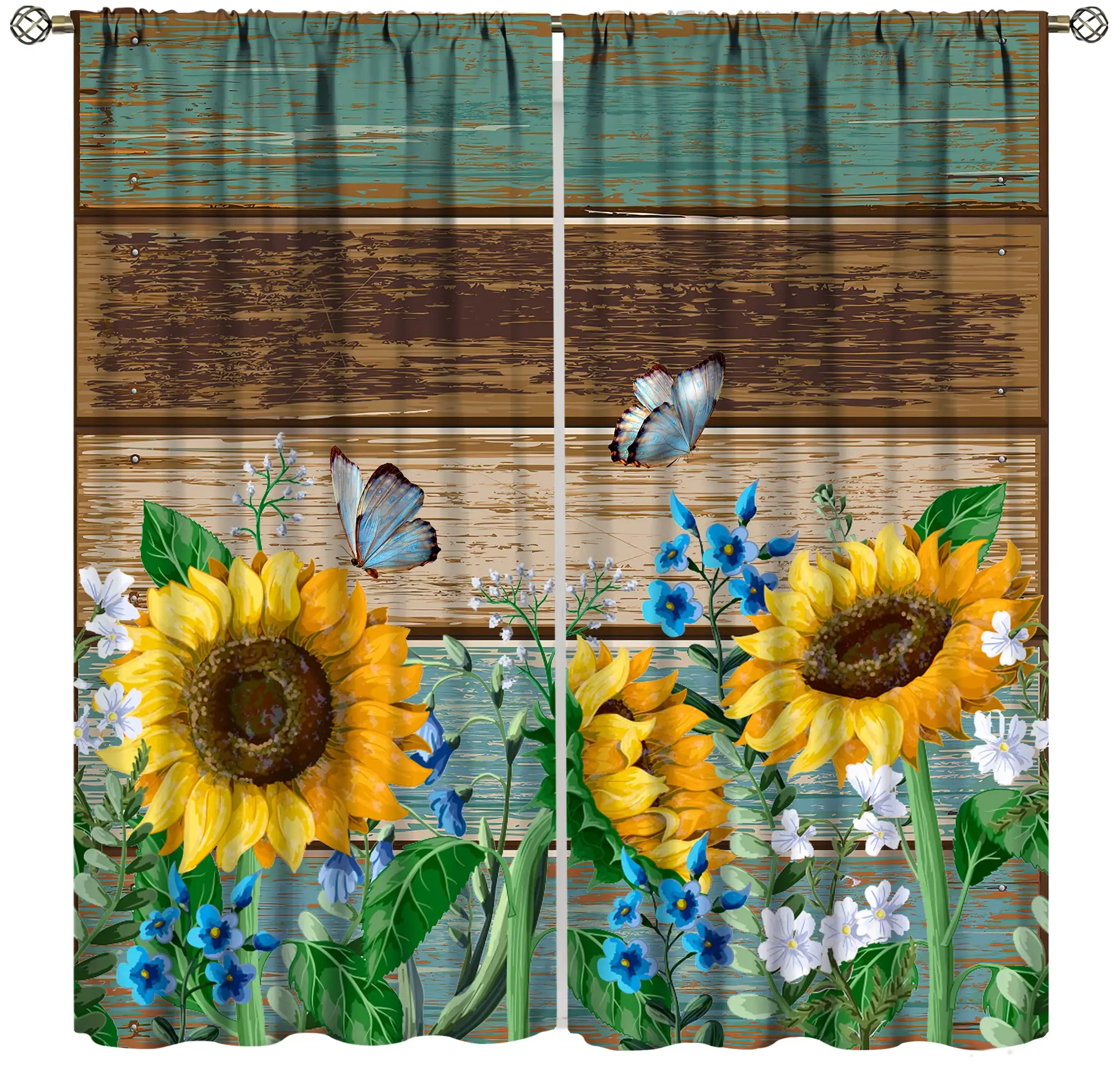 Sunflower Rustic Country Wood Vintage Floral Short Cafe Tier Curtains Decor Farmhouse Retro Rod Pocket Window Drapes 2 Panel Set