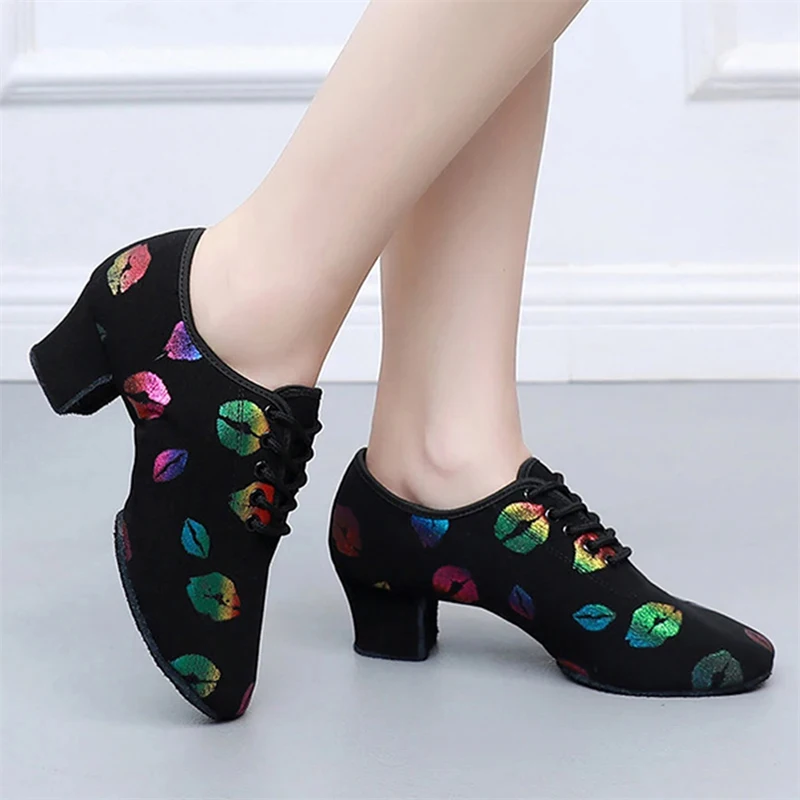 high heel dance shoes sneakers women ballroom latin dance shoes woman black close toe dancing shoes for women Lip print