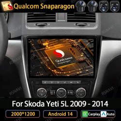 Android 14 For Skoda Yeti 5L 2009 2010 2011 2012 2013 2014 Car Radio Multimedia Video Player Wireless Auto Carplay QLED 4G WIFI