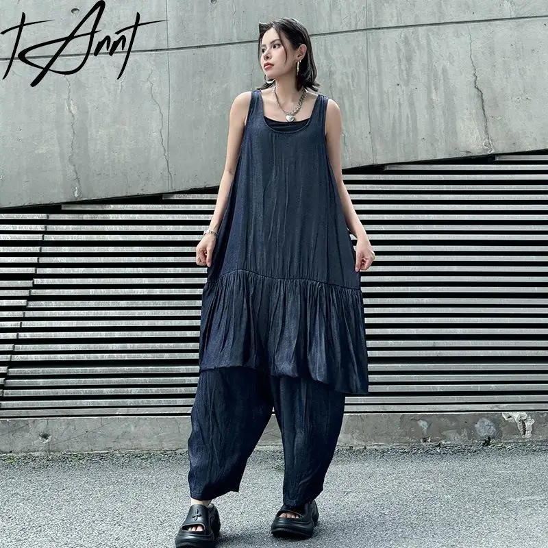 

Tannt Women Pant Set Sleeveless Pleated Long Loose Dresses Fashion High-waisted Harem Pants Women Two-piece Suit 2025 Summer