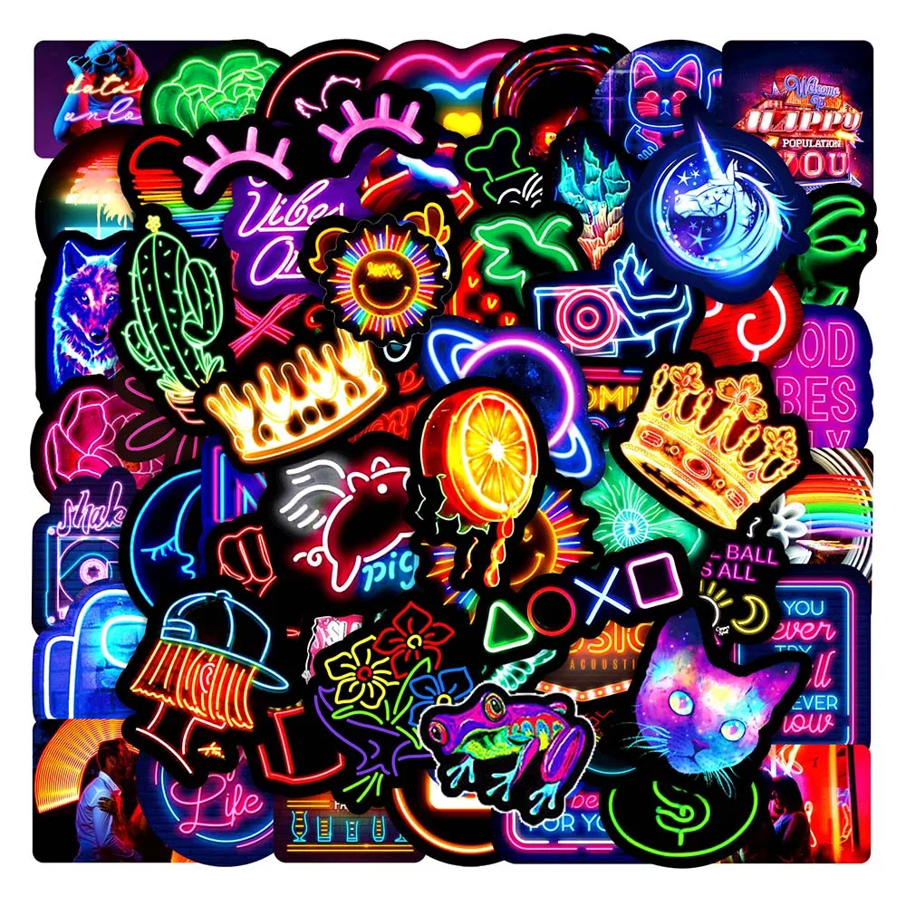 50/100pcs Neon Light Stickers for Skateboard Laptop Luggage Phone Case Car Motorcycle Bike Cool Waterproof Decals Sticker Kids