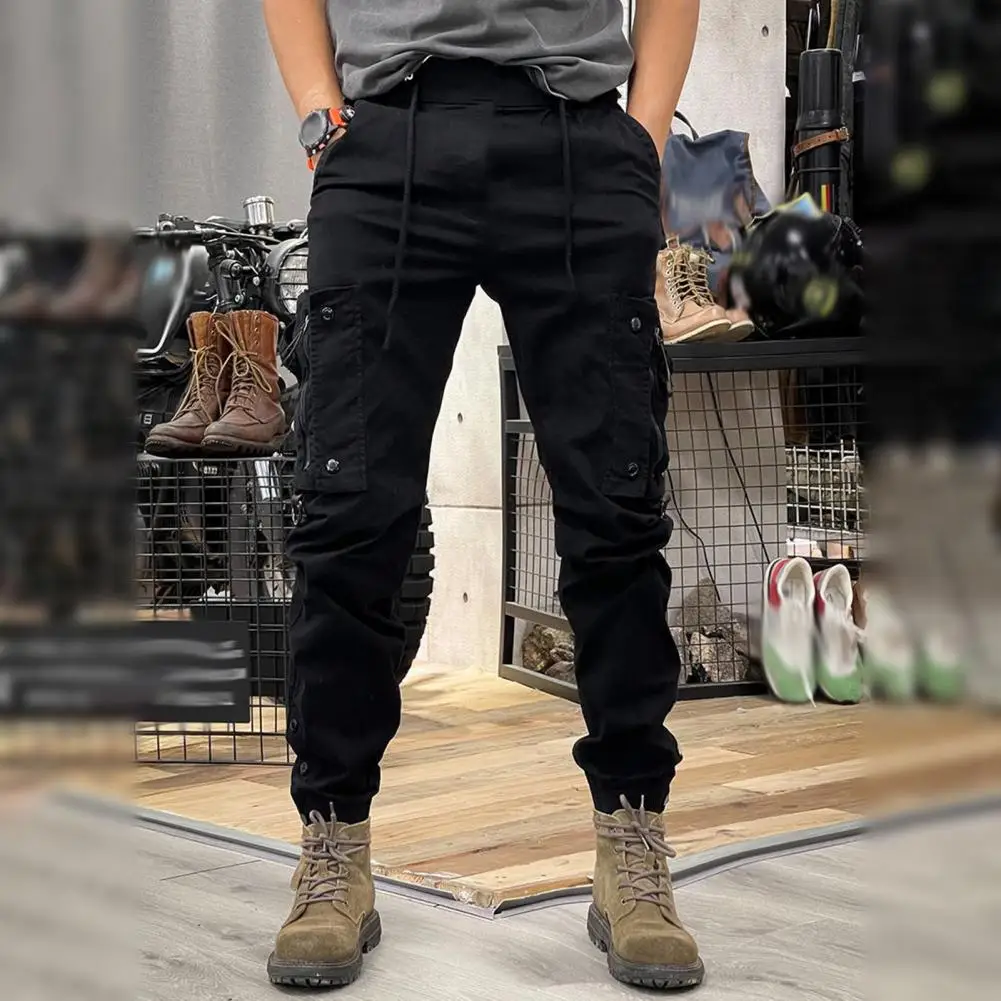 Spring Fall Men Cargo Pants Drawstring Waist Multi Pockets Ankle-banded Solid Sport Trousers Outdoor Training Exercise Trousers