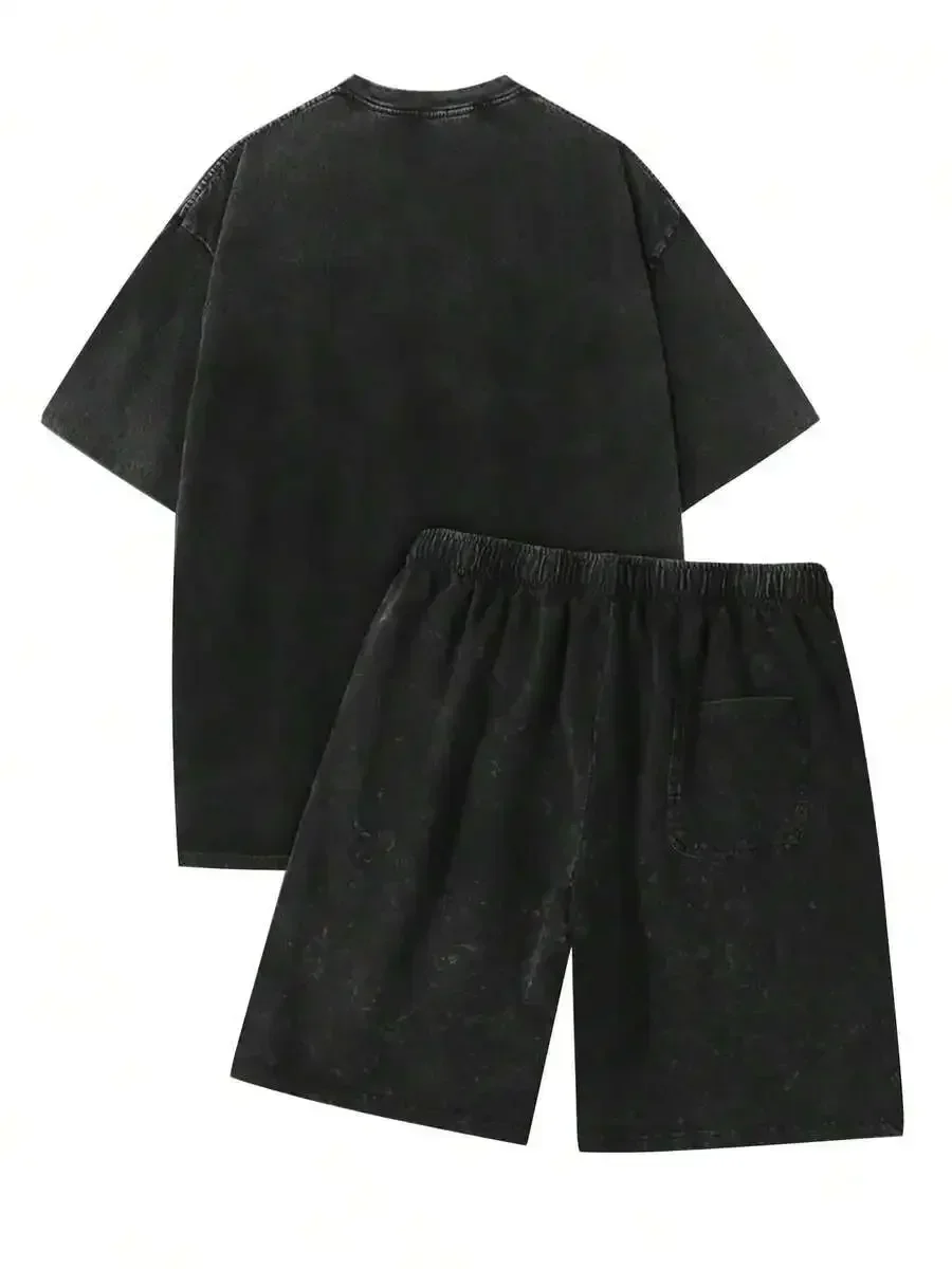 Mens Washed Retro Cotton T-Shirt And Shorts Set Casual Summer Outfit