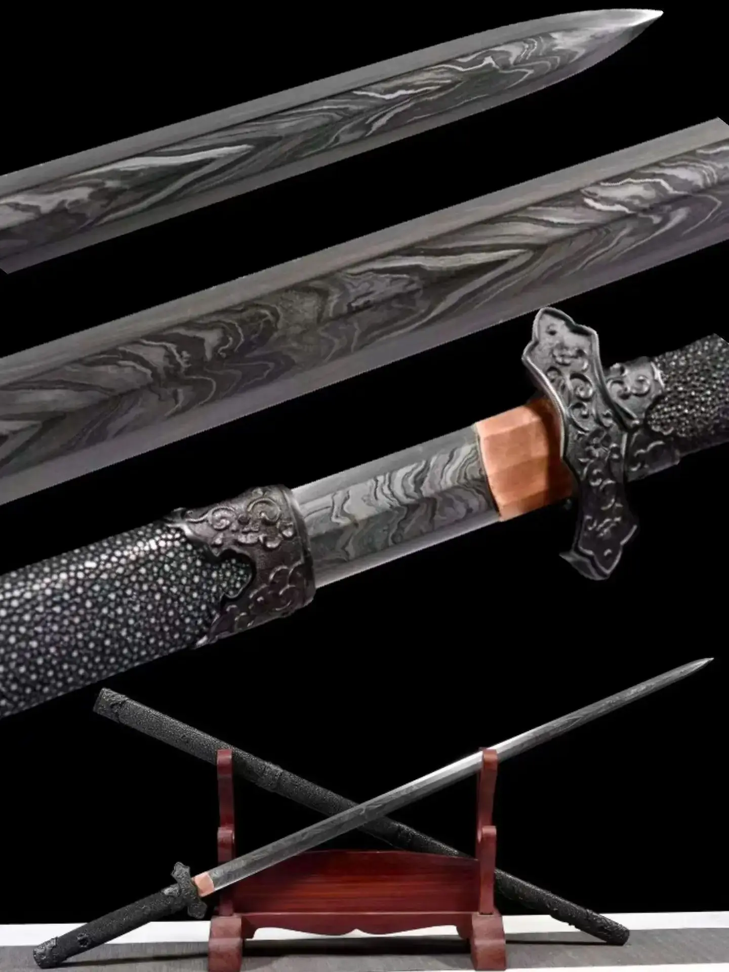 Meteorite Iron Mountain Water Pattern Steel Blade,Iron Armor Cold Plum Chinese Tang Sword,Scabbard Wrapped with Black Pearl Skin