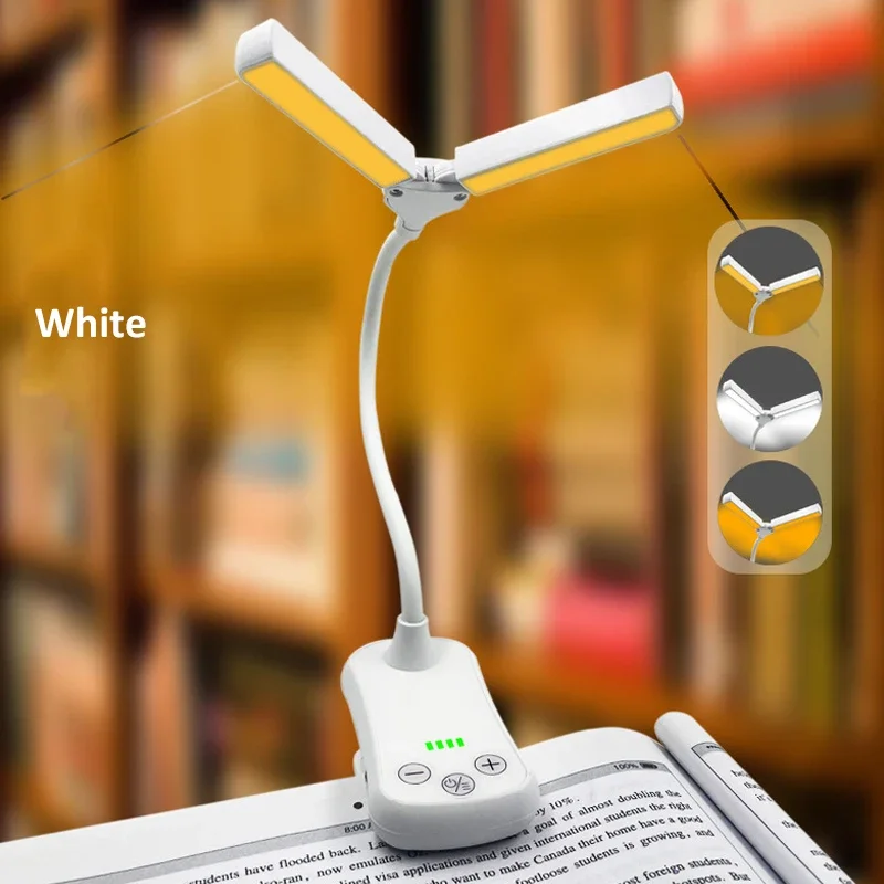 14LED USB Rechargeable Two-head LED Book Light Eye-protection Clip Dimming Rotatable Reading Table Lamp Dormitory Bedside Lamp