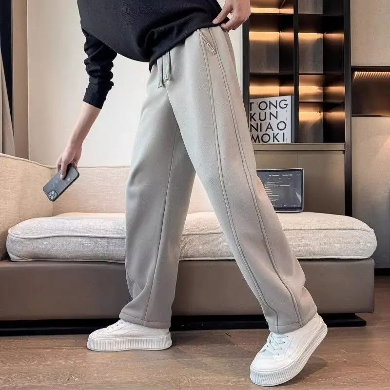 

Men's Casual Fce Lined Loose Straight Leg Pants Autumn Winter Warm Drapey Wide Leg Casual Trousers Faionable Youth Sle