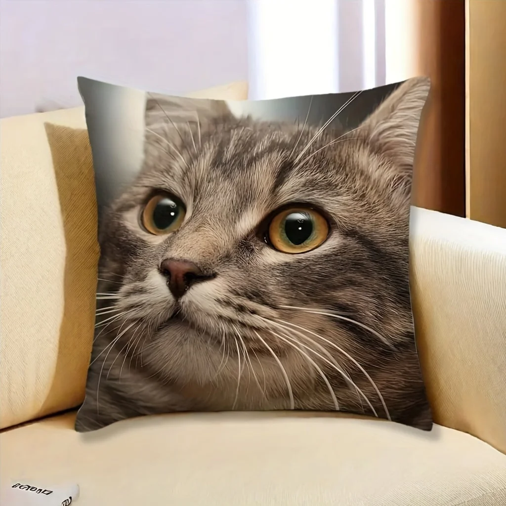 1pc Tabby Cat Close‑Up Portrait Double‑Sided Print Pillow Cover, Cushion Case for Sofa Bedroom, Insert Not Included, Home Decor