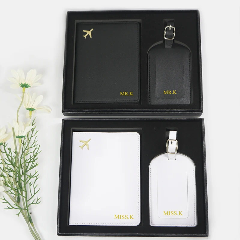 Set di copertina per passaporto con etichetta per bagaglio da viaggio con nome personalizzato con confezione regalo Etichetta per valigia da viaggio porta passaporto in pelle di lusso personalizzata