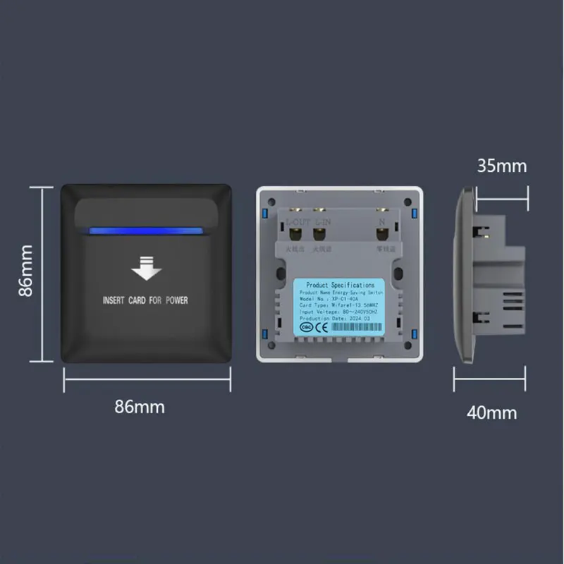 Interruptor de Economia de Energia para Hotel, Cartão IC, 15S Time Delay, Tensão Larga, 80V-240V, 8800W, 40A, 3 Linhas, 13.56M, 1PC