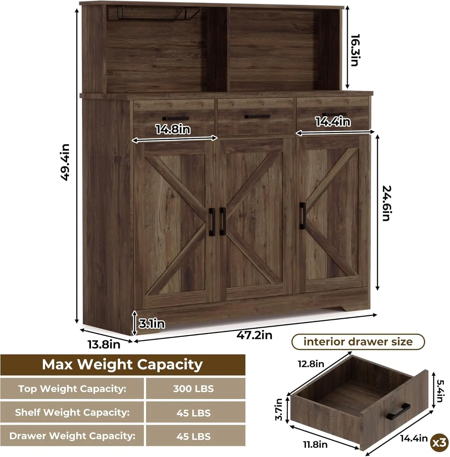 ファームハウス風サイドボードビュッフェ、電子レンジ台付き、引き出しと棚付き木製収納キャビネット、キッチン用ブラウンコーヒーバーキャビネット
