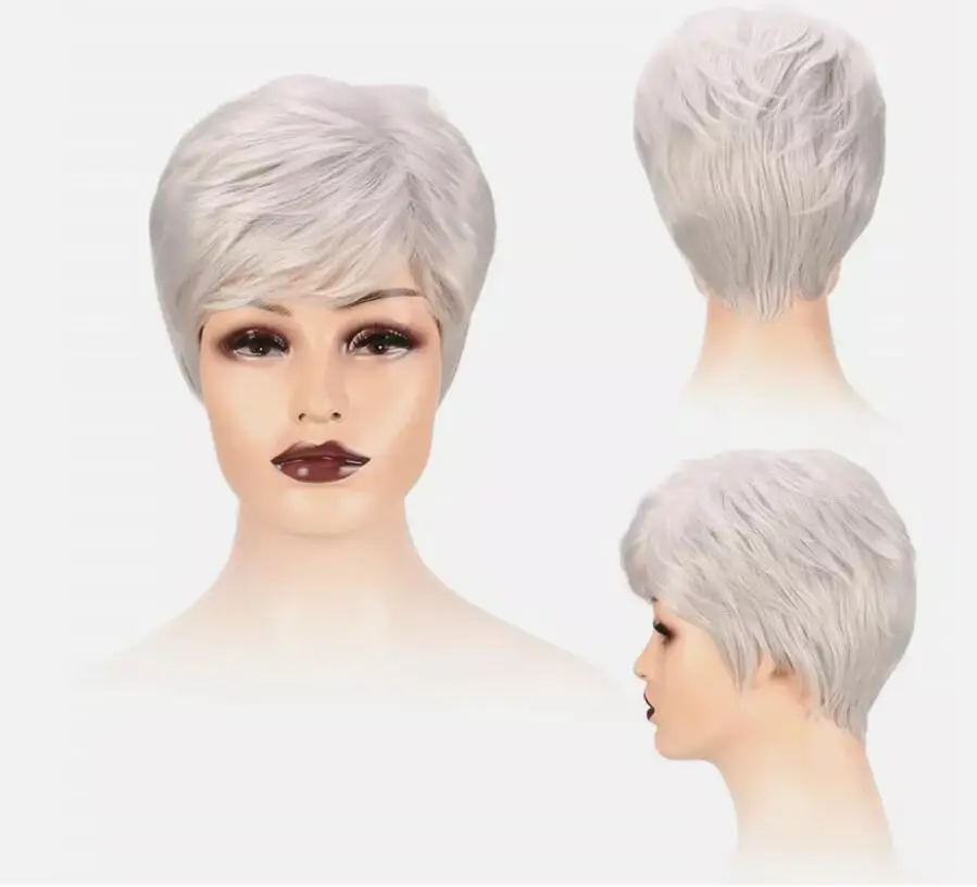 Perruque Synthétique Courte et Lisse avec Frange pour Femme, Cheveux Blancs, Coupe Pixie