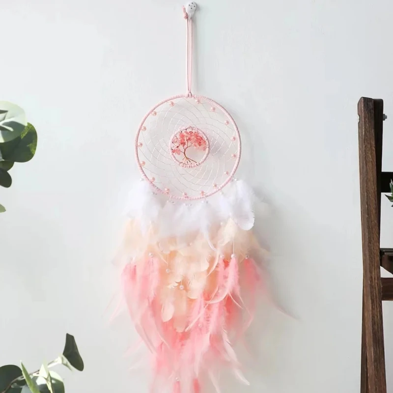 Tree of Life Healing Crystal Dream Catcher Pink Kawaii Nursery Decor Spiritual Hanging Ornament for Room and Christmas