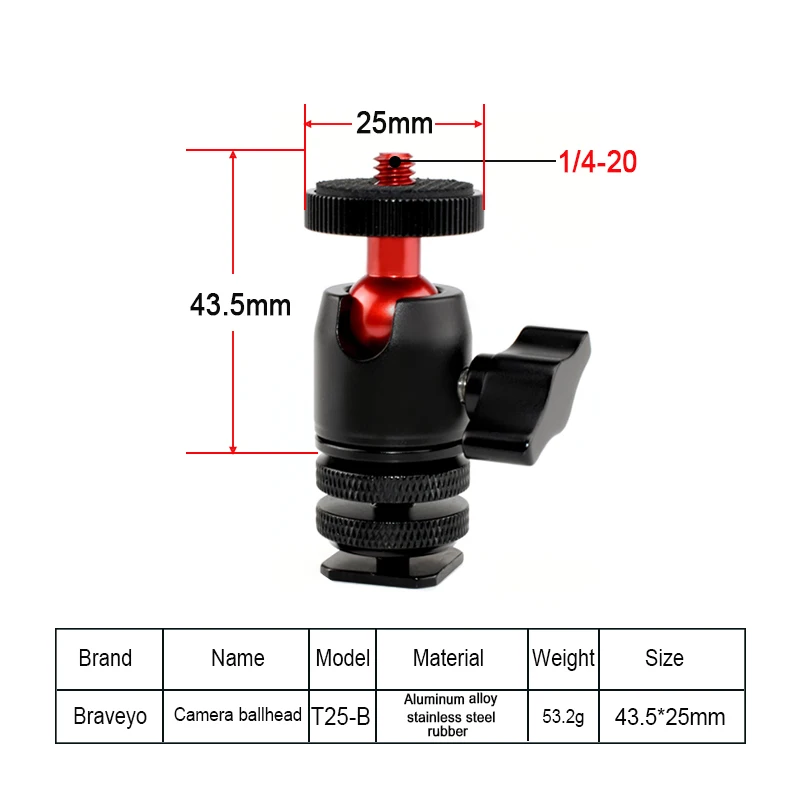 1/4-20 Hot Shoe Ball Head for Camera Hot Shoe Mobile Phone Holder Photography Fill Light Bracket 360 ° Rotating Tripod Ballhead