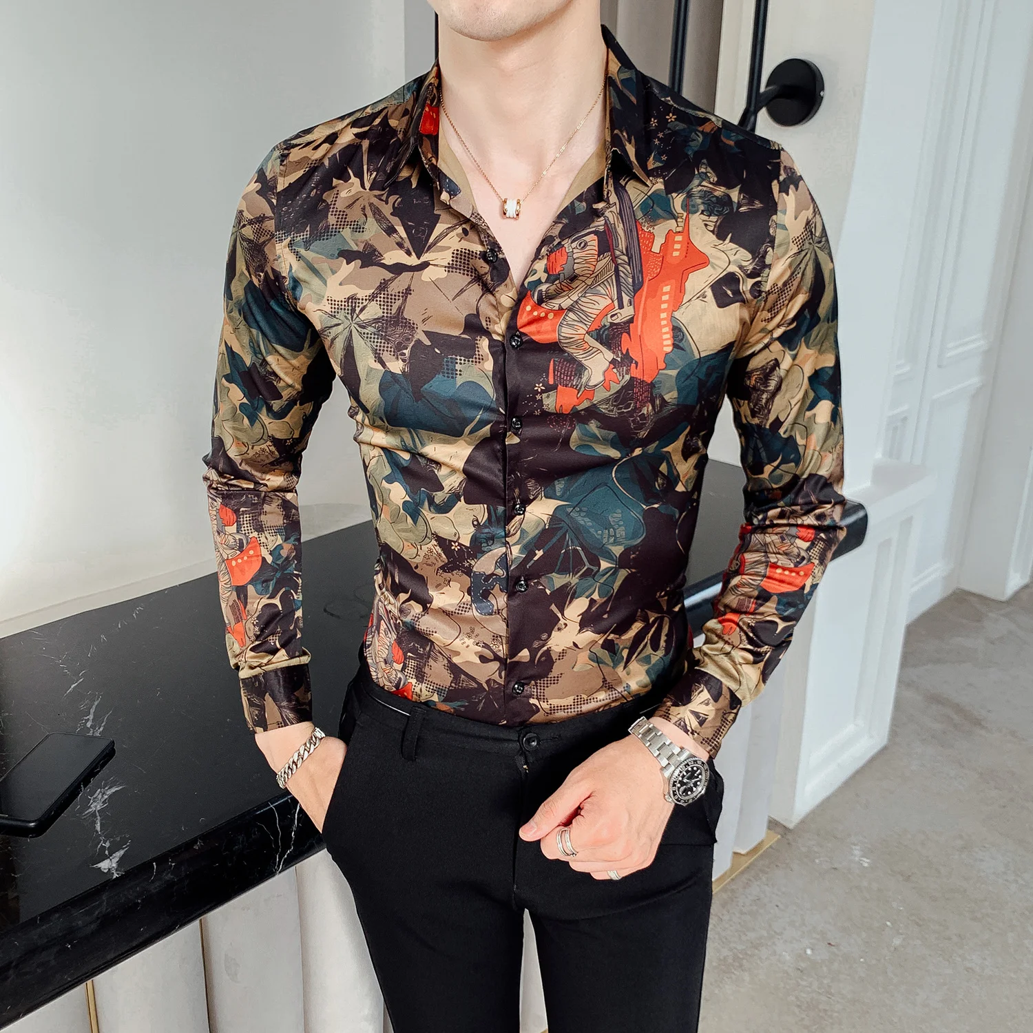 Leaf Print Shirt Men Flower Shirt Casual Shirts Slim Fit Party Dress Shirt Fashion 2019 Autumn Long Sleeve Digital Print Men 4xl