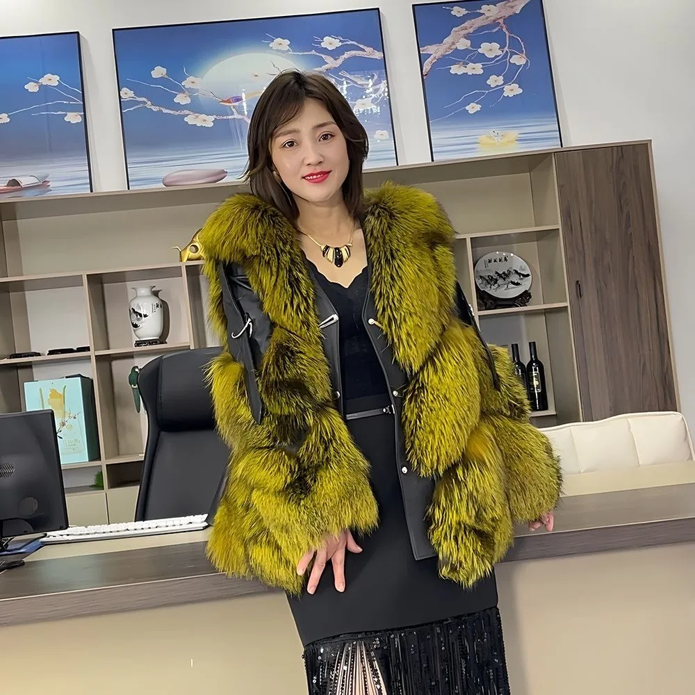 

Hot Selling New Women's Young Fashion High-End Genuine Sheepskin Jacket Mid-Length Street Style Imported Fox Fur Coat