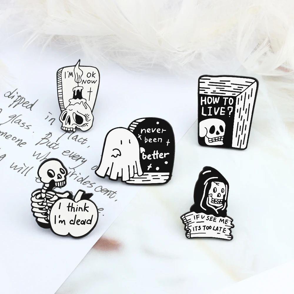 How to live?Creative Skeleton Enamel Pin for Women Men  Funny Death Brooches Ghost Tombstone Skull Candle Punk Badge Bag Jewelry