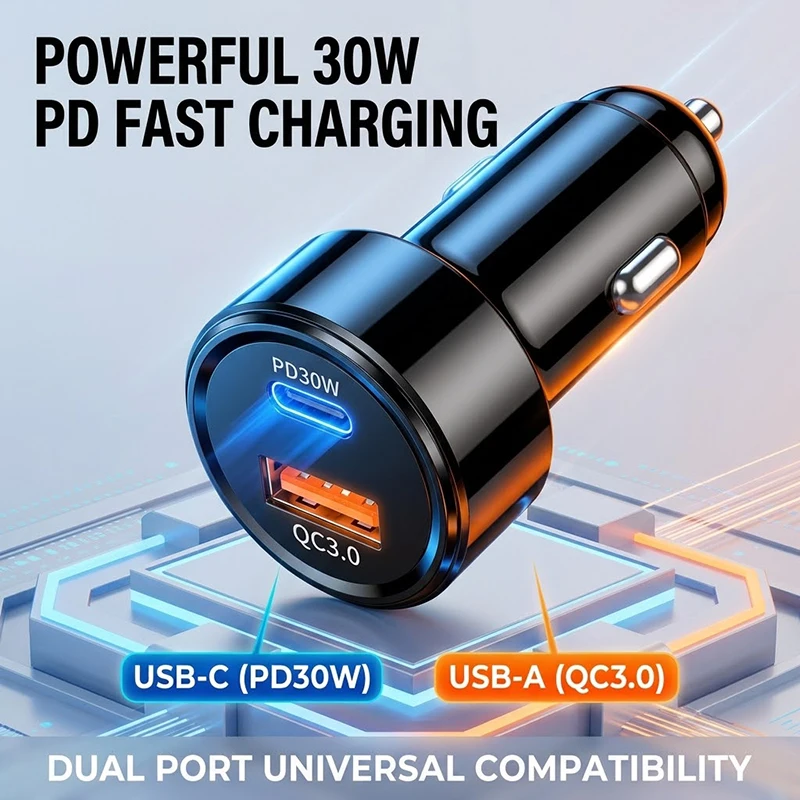 

48W Fast Car Charger PD 30W QC 3.0 Dual Port USB C Auto Adapter Mini Flame Retardant Charging Block For Smart Devices For iPhone