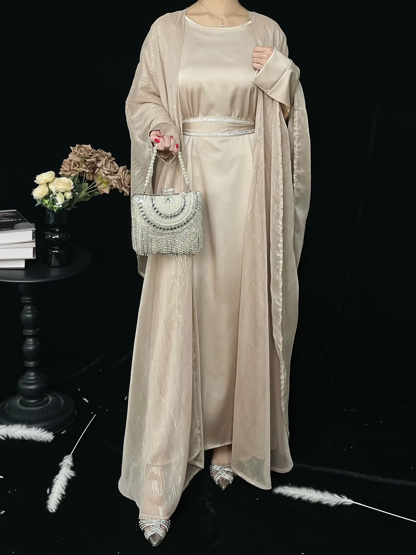 Ramadan Eid Muslimische Frauen Party 2-teiliges Set Kleid Jalabiya Offene Abayas Kaftan Dubai Vestidos Arabisch Marokko Kimono Strickjacke Robe