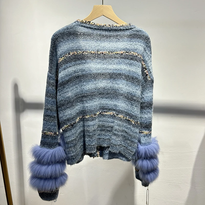 2025 Musim Gugur Wanita Jaket Sweater Rajut Tipis Dekorasi Bulu Rubah Berwarna Gradasi