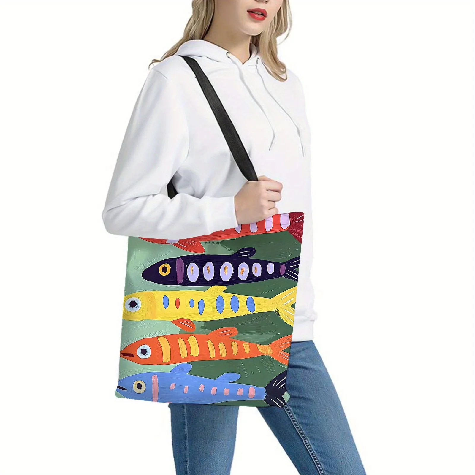 1pc Colorful Fish Series Tote Bag Sturdy Reusable Shopping Bag Vibrant Daily Use Shopping Bag Casual Accessory Sturdy Handle