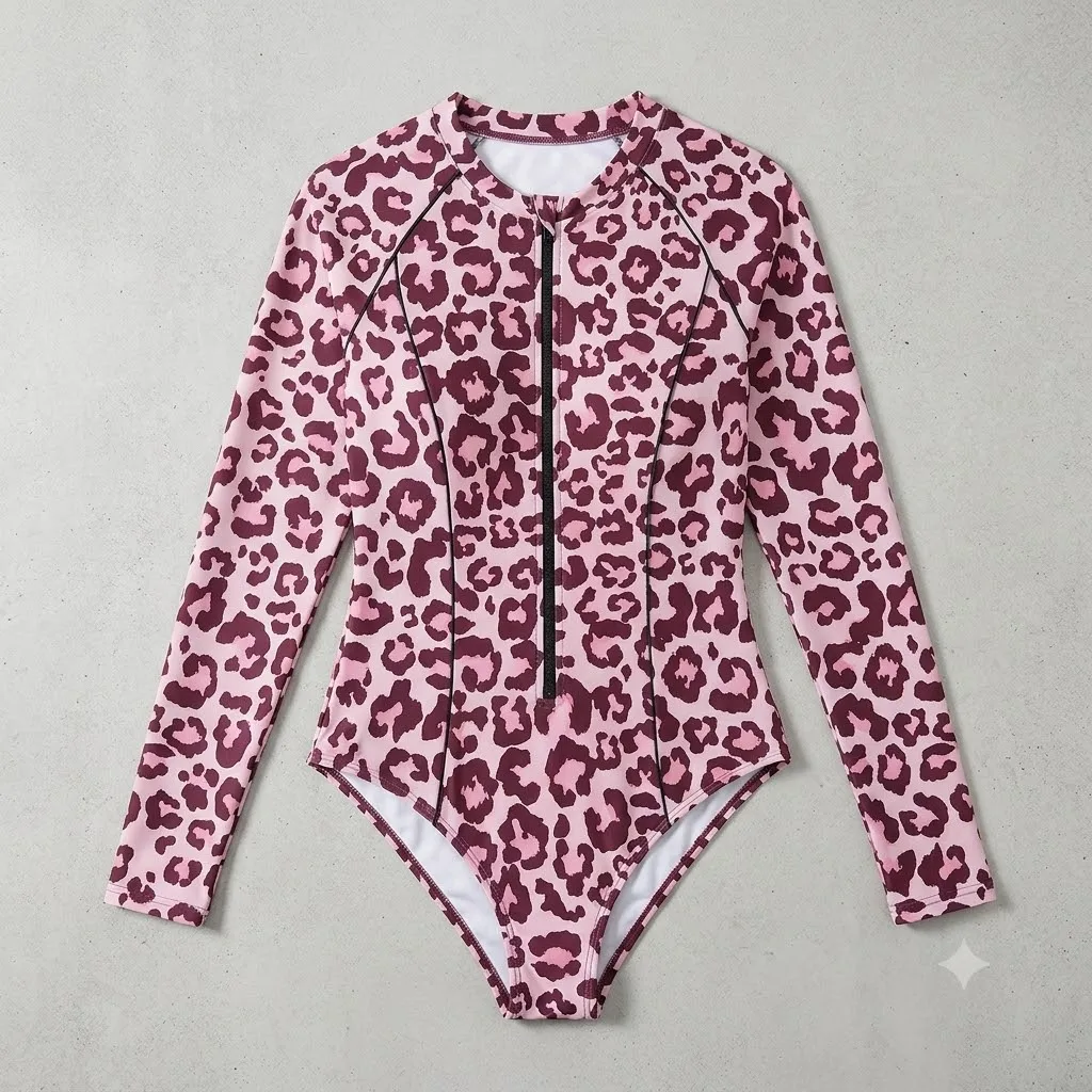JEWELRY SEN Women Long‑Sleeve One‑Piece Swimsuit Leopard Print Front Zip Rash Guard Surfing Bathing Suit