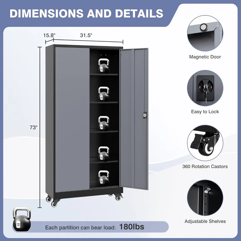 Gabinete de garaje de metal con ruedas, gabinete de almacenamiento alto con 4 estantes ajustables y 2 puertas, gabinete de herramientas bloqueable para garaje H