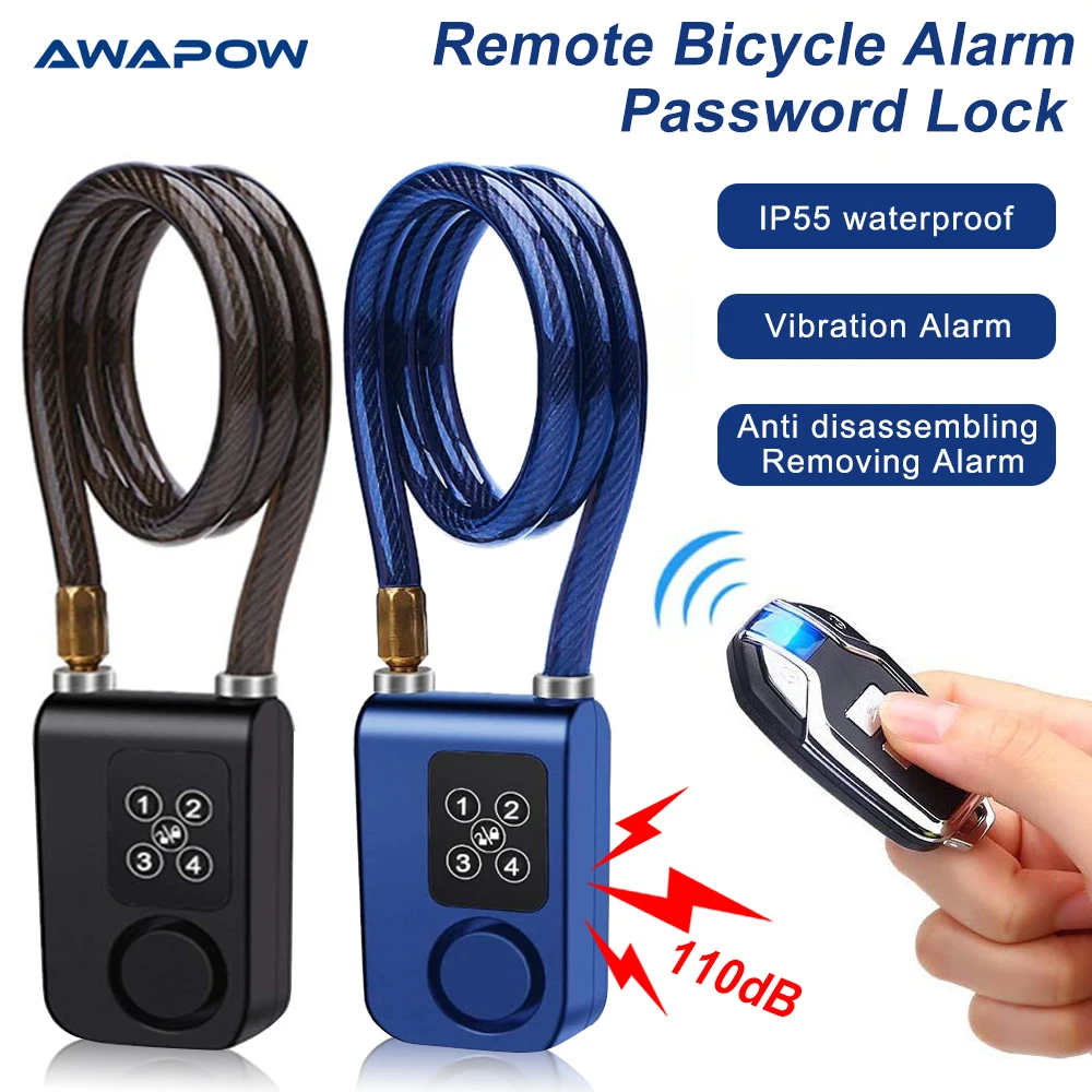 Awapow Bike Alarm Code Lock Remote Control Bicycle Alarm 110dB Anti-Theft Security Cycling Motorcycle 4-Digit Password Lock