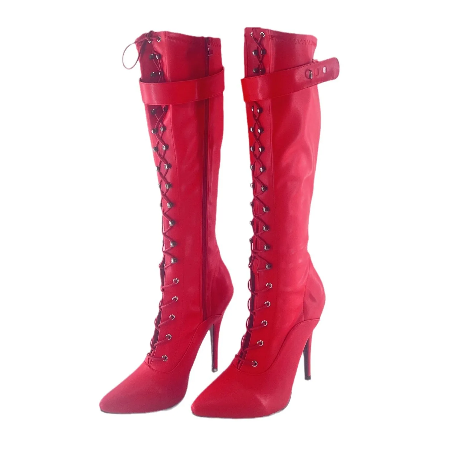 Seek MATE ultra-high heel pointy tie knee boots red misty top lock fetish fashion boots large shoe design Bondage role-playing s