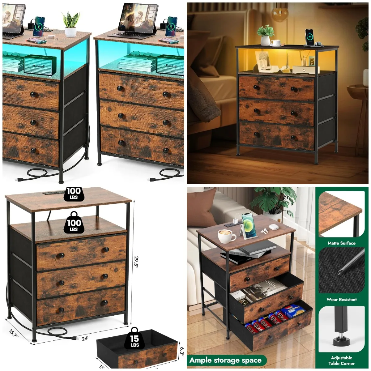 

3-Drawer Dresser with Charging Station, 24' LED Nightstand Set, Adjustable Fabric Drawers, Storage Shelf for Bedroom/Living Room