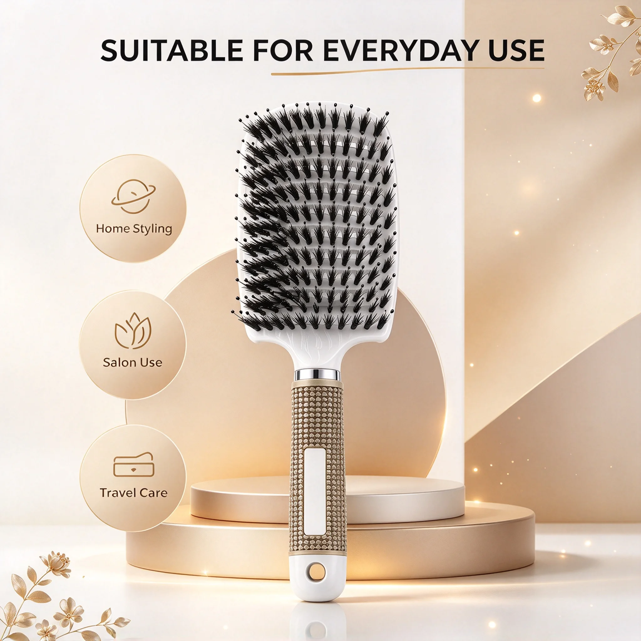 4Pcs White Champagne Curved Hollow Out Bristle Hair Brush Set, Non Slip Beaded Handle Scalp Massage Detangling Comb For Curly Thick Hair Salon Home Travel Hair Styling Tools