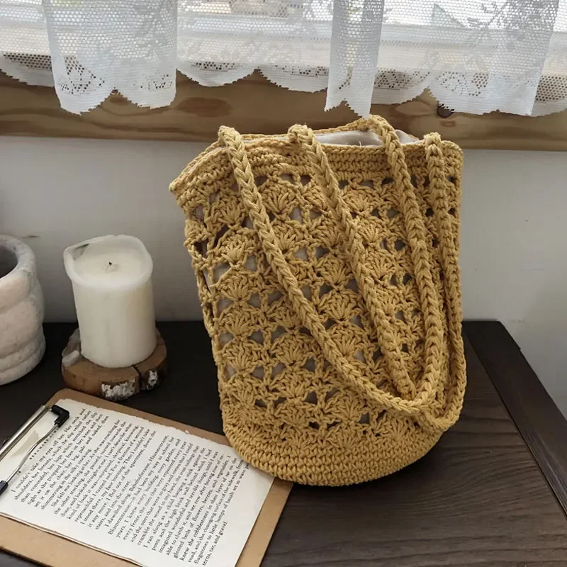 YoReAi Fashion Rattan Women Shoulder Bags Cotton Rope Woven Female Handbags Hollow Out Summer Beach Straw Bag Casual Tote New