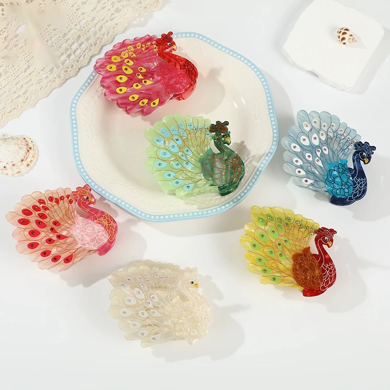 

6 Colors Simulation Peacock Acetate Hair Claw Clip Women Elegant Strong Hold Jaw Clips For Thick Hair Fashionable Festival Gifts