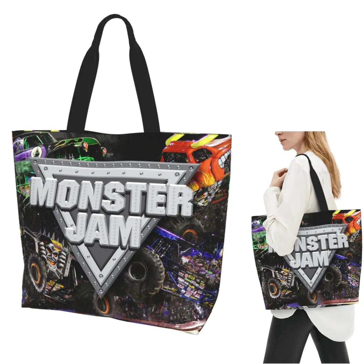 

Classic Monster Jam Pattern Shopping Tote Bag Canvas Large Capacity Shoulder Bags Shopper Grocery Handbag for Women