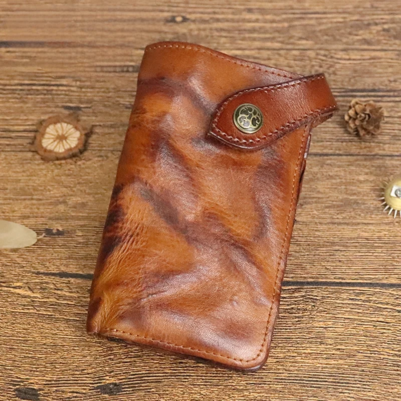 Long Wallet Handmade Wrinkled Vegetable-Tanned Leather Wallet Japanese-Style Card Holder Wallet